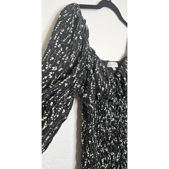 ACOA Womens Mini Dress Medium Black White Floral Smocked Long Sleeve Ruffle Boho - Picture 3 of 12